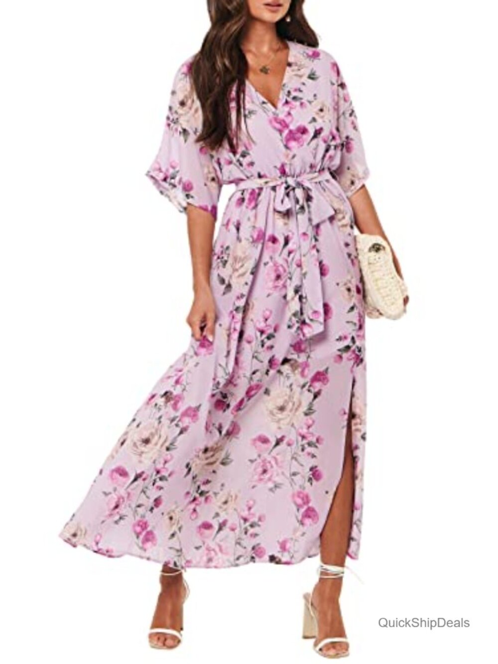 Boho Floral Maxi Dress V-Neck 3/4 Sleeve Wedding Guest